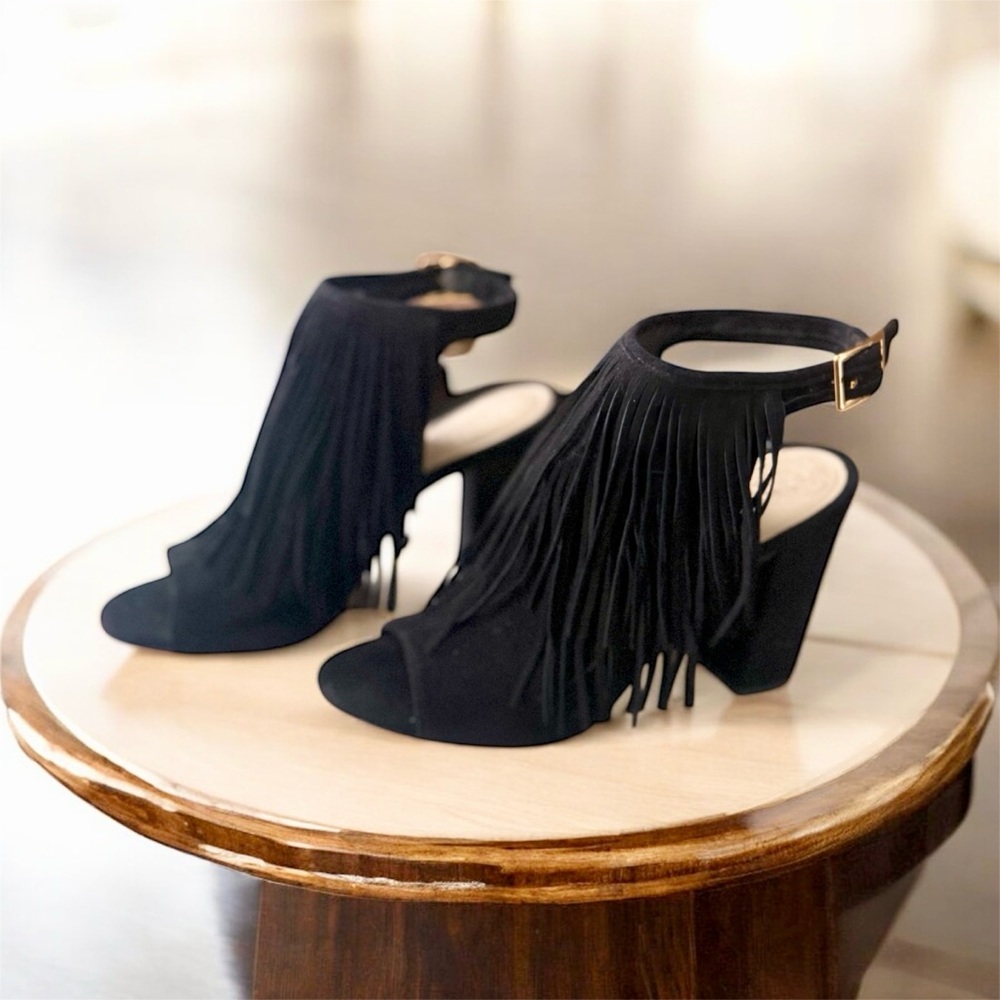 Vince Camuto Black Fringe Heels